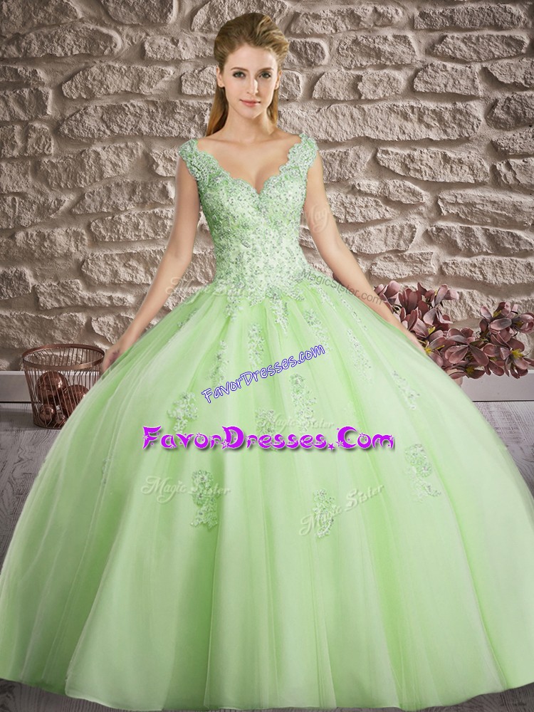  Floor Length Lace Up Quince Ball Gowns for Military Ball and Sweet 16 and Quinceanera with Appliques