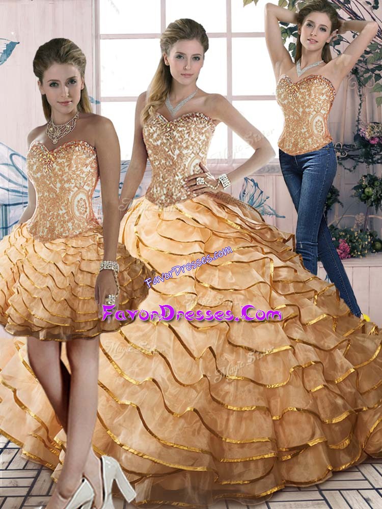  Lace Up Sweet 16 Dresses Gold for Sweet 16 and Quinceanera with Beading and Ruffles Brush Train