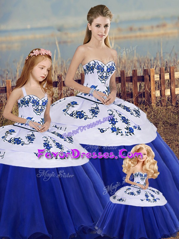  Ball Gowns Quinceanera Dress Royal Blue Sweetheart Tulle Sleeveless Floor Length Lace Up