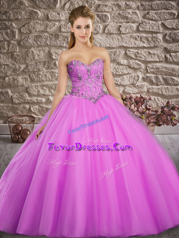 Elegant Lilac Lace Up Sweetheart Beading Quinceanera Dress Tulle Sleeveless