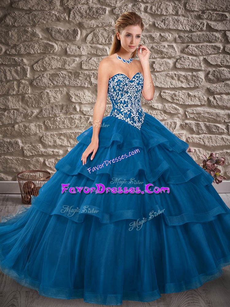 Stylish Sleeveless Brush Train Embroidery and Ruffled Layers Lace Up Quinceanera Gown