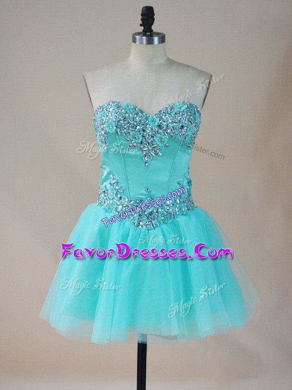  Mini Length Aqua Blue Prom Gown Sweetheart Sleeveless Lace Up