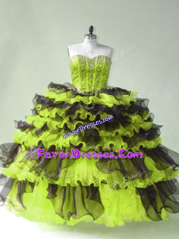 Colorful Yellow Green Sleeveless Beading Ball Gown Prom Dress