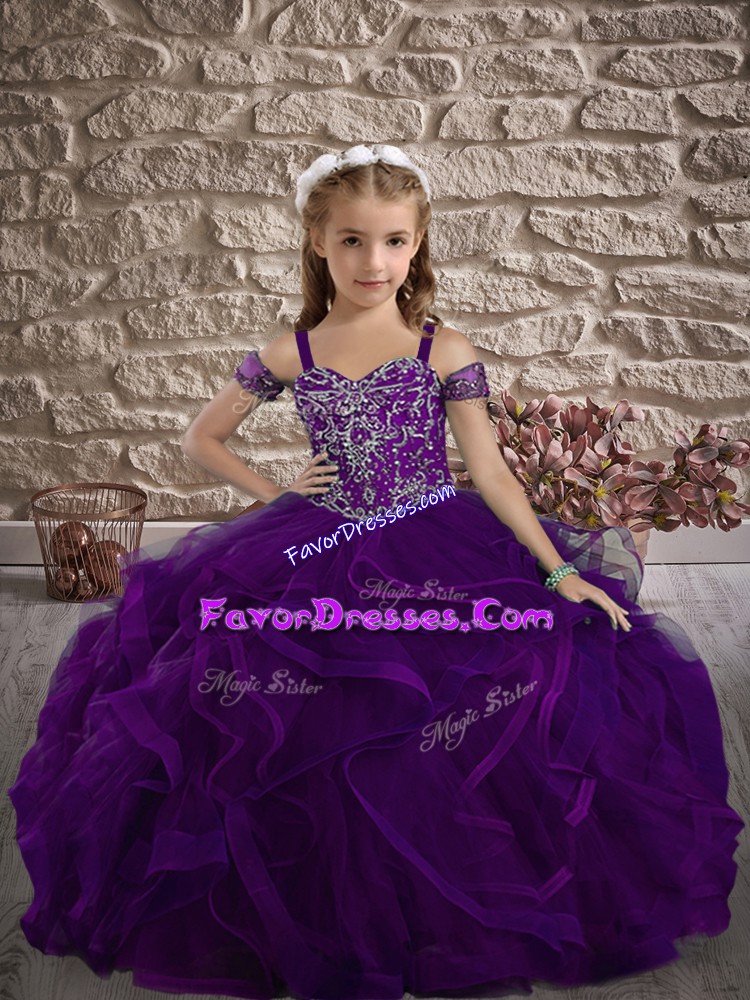  Purple Sleeveless Tulle Sweep Train Lace Up Custom Made Pageant Dress for Wedding Party