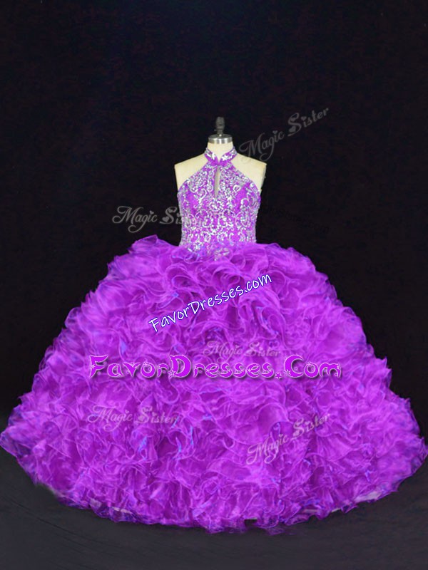Decent Halter Top Sleeveless Organza Quinceanera Dress Beading and Ruffles Lace Up