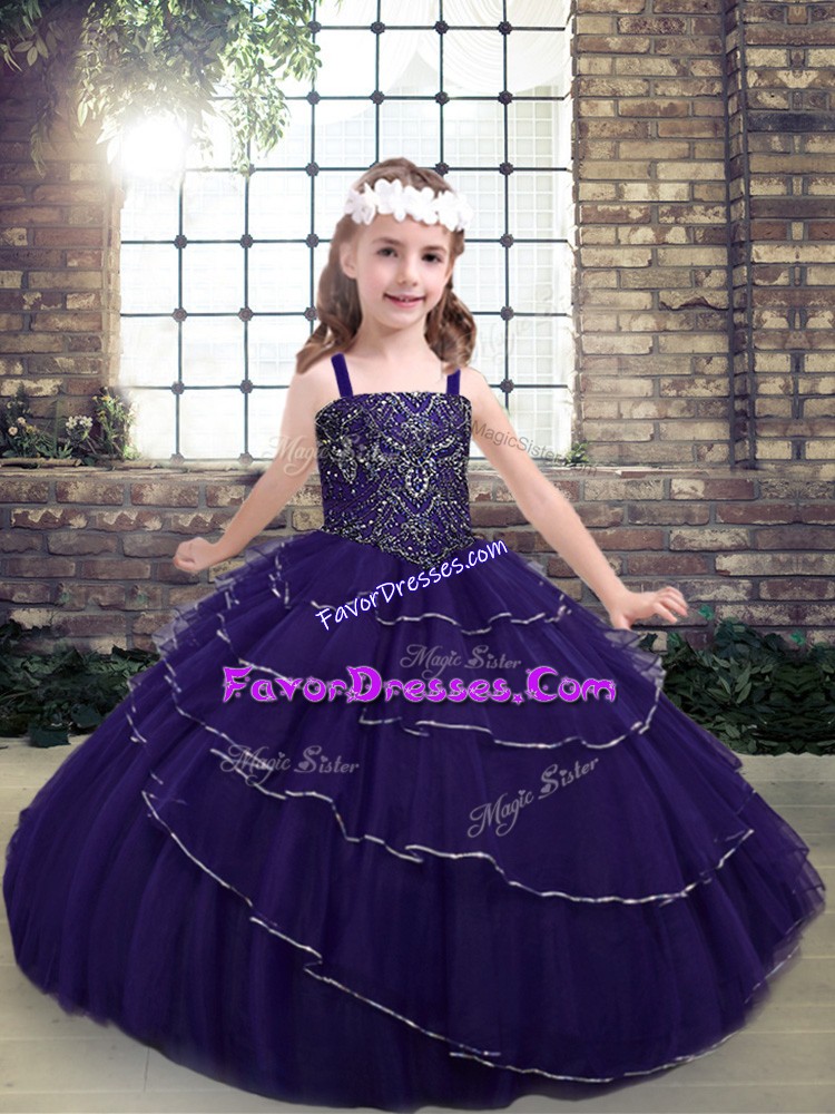  Floor Length Purple Girls Pageant Dresses Tulle Sleeveless Beading