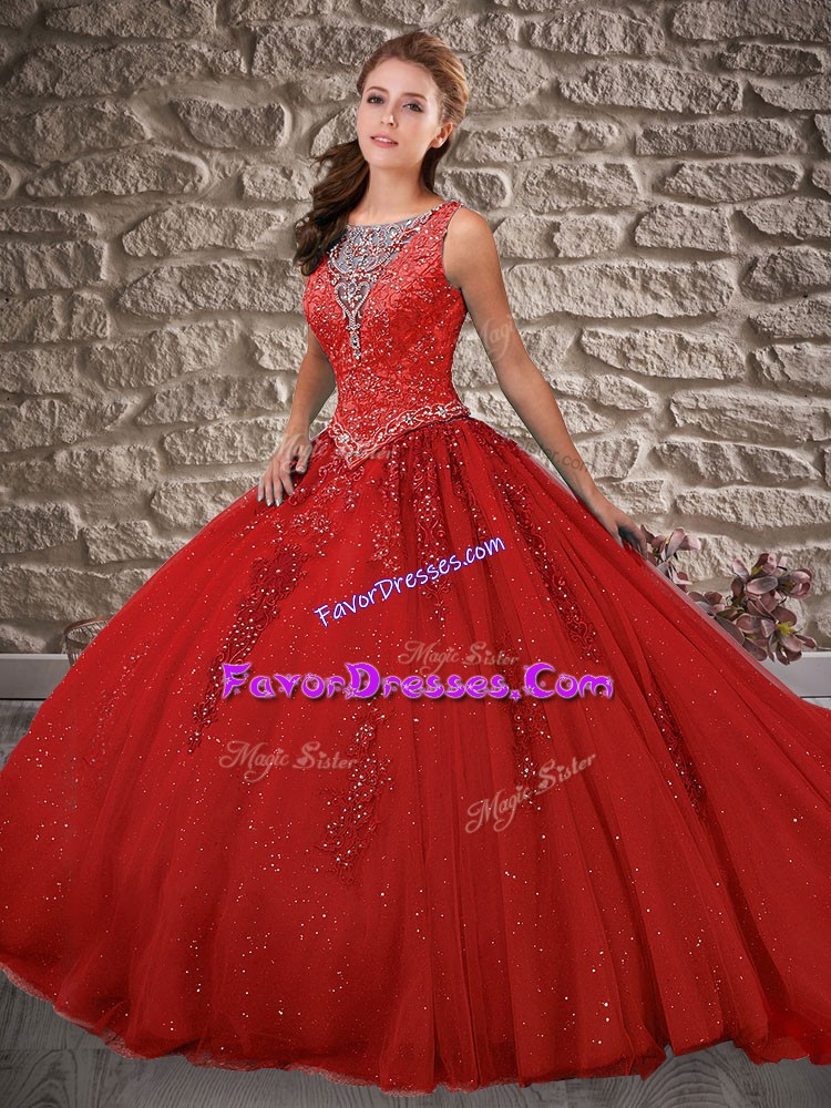 On Sale Tulle Scoop Sleeveless Brush Train Zipper Beading and Appliques Quince Ball Gowns in Wine Red