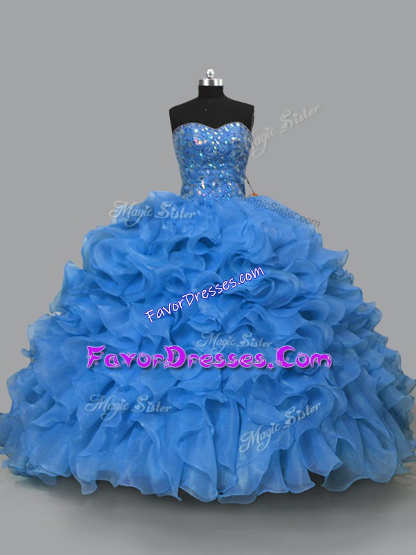  Sleeveless Floor Length Beading and Ruffles Lace Up Sweet 16 Dresses with Blue