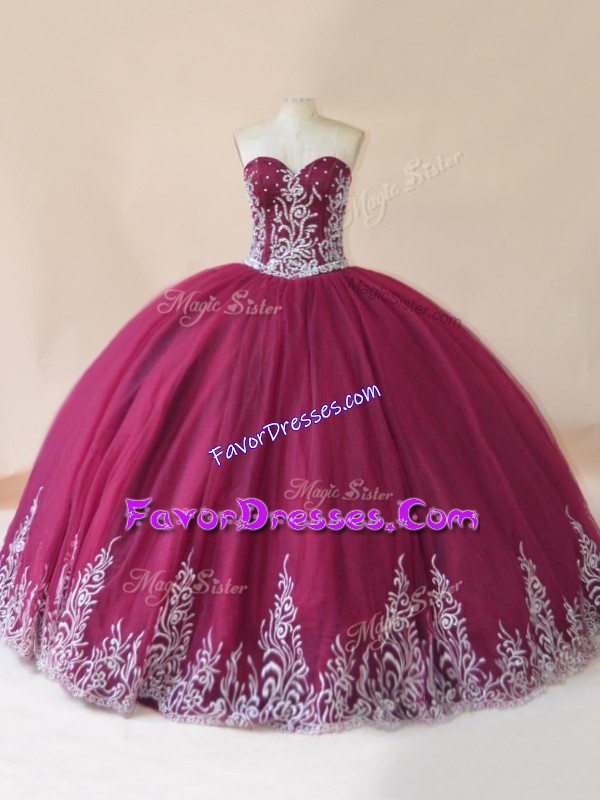 Exquisite Burgundy Tulle Lace Up Sweetheart Sleeveless Floor Length Quince Ball Gowns Embroidery