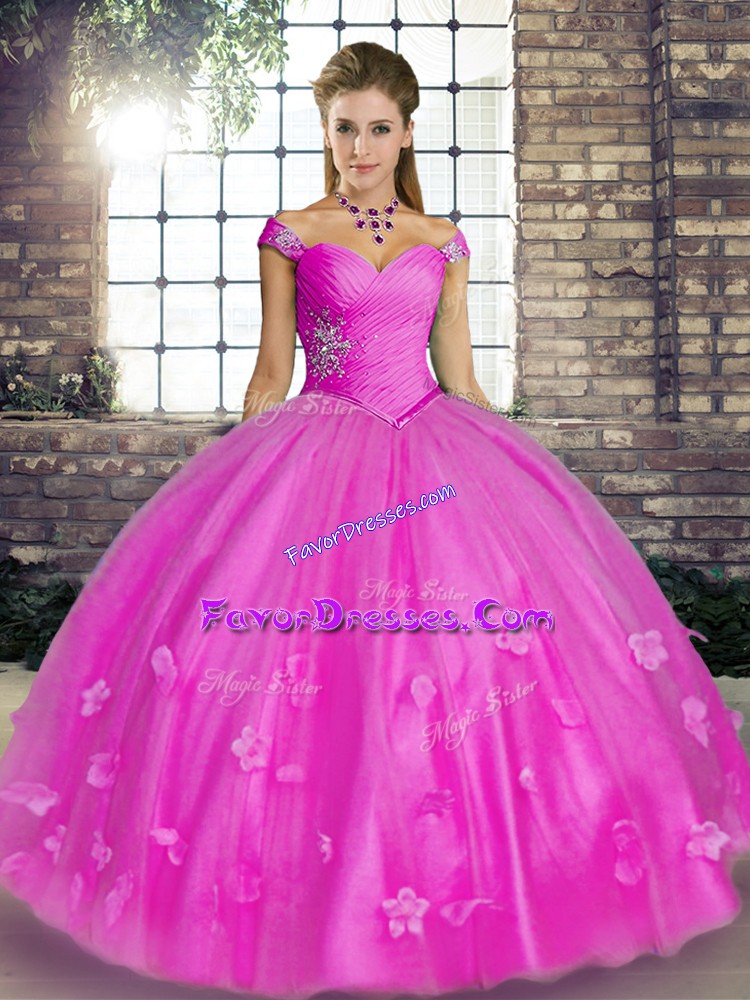Gorgeous Tulle Off The Shoulder Sleeveless Lace Up Beading and Appliques Quinceanera Dresses in Lilac