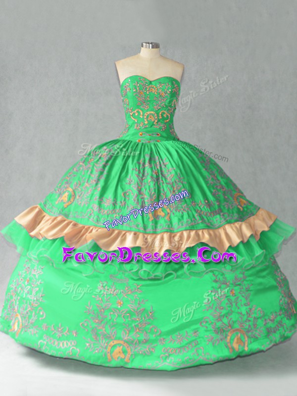  Green Organza Lace Up Sweetheart Sleeveless Floor Length Sweet 16 Dresses Embroidery and Bowknot