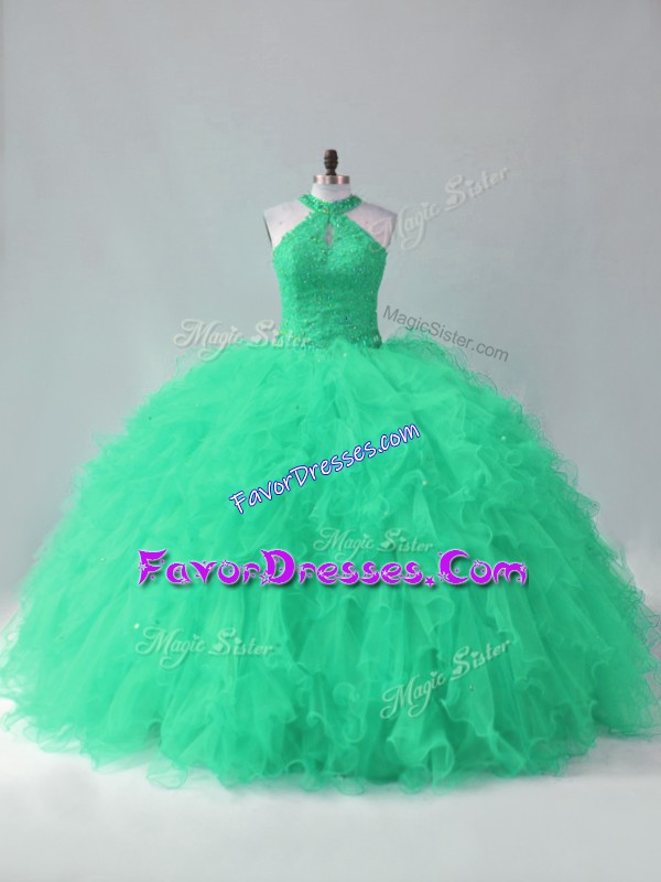  Turquoise Tulle Lace Up Halter Top Sleeveless Quinceanera Dress Beading and Ruffles