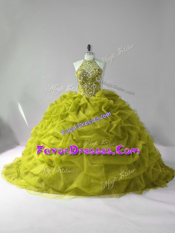 Fitting Olive Green Tulle Lace Up Sweet 16 Dresses Sleeveless Court Train Beading and Pick Ups