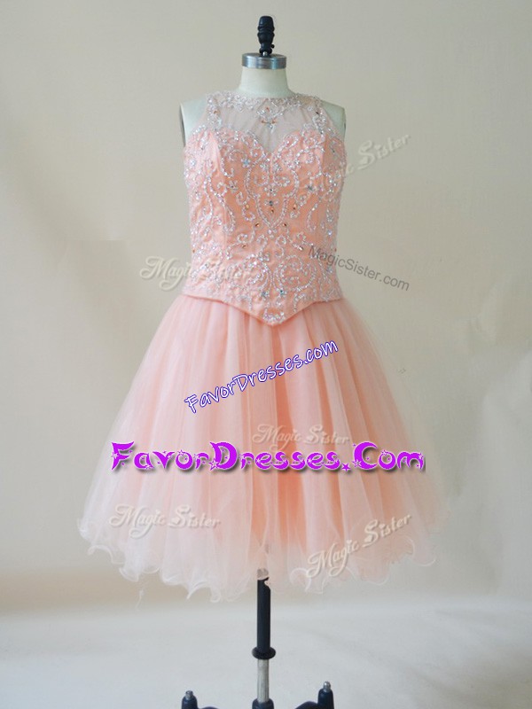 Customized Pink Sleeveless Organza Lace Up Prom Dress for Prom and Party