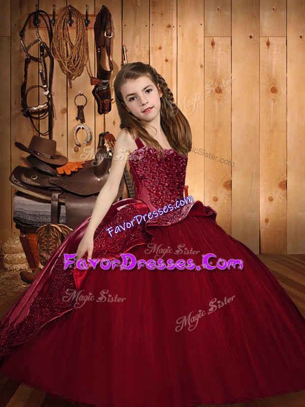  Floor Length Ball Gowns Sleeveless Burgundy Pageant Dress for Teens Lace Up