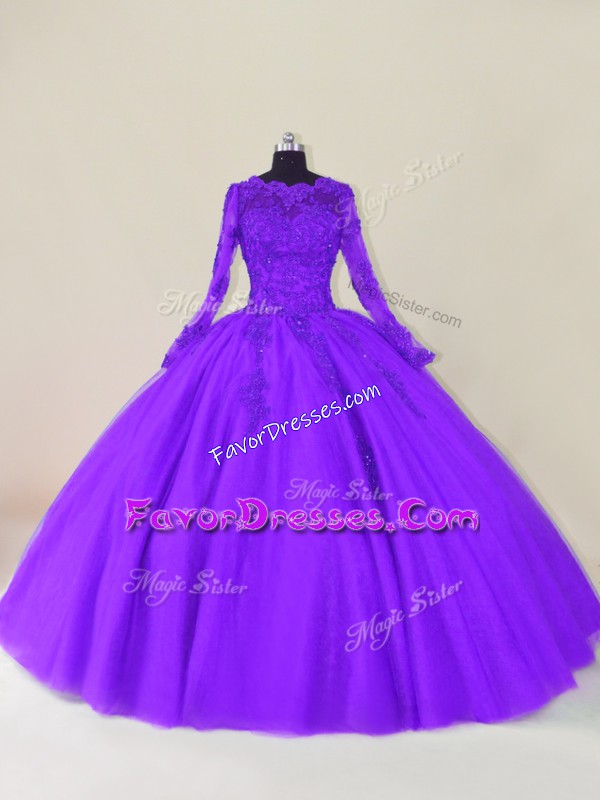 Elegant Scalloped Long Sleeves Zipper Quinceanera Dresses Purple Tulle