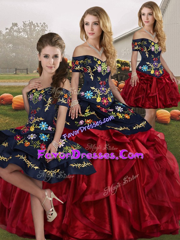  Floor Length Red And Black Quinceanera Dress Organza Sleeveless Embroidery and Ruffles