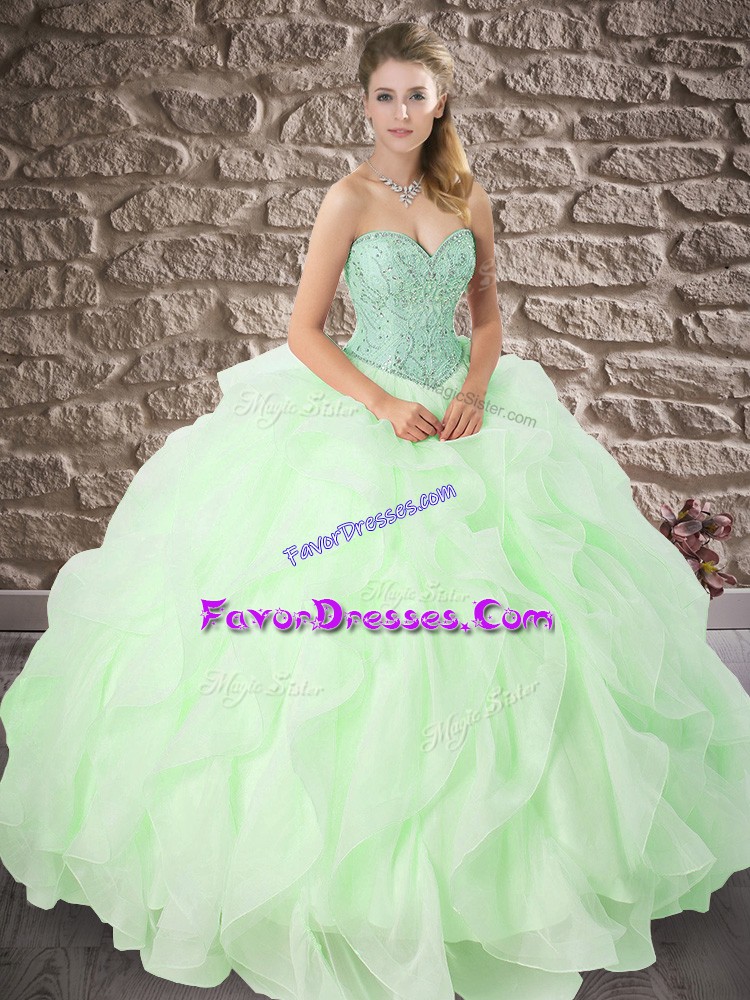 Excellent Apple Green Ball Gowns Beading and Ruffles Sweet 16 Quinceanera Dress Lace Up Organza Sleeveless Floor Length