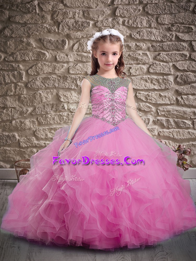  Rose Pink Ball Gowns Beading and Ruffles Child Pageant Dress Lace Up Tulle Sleeveless
