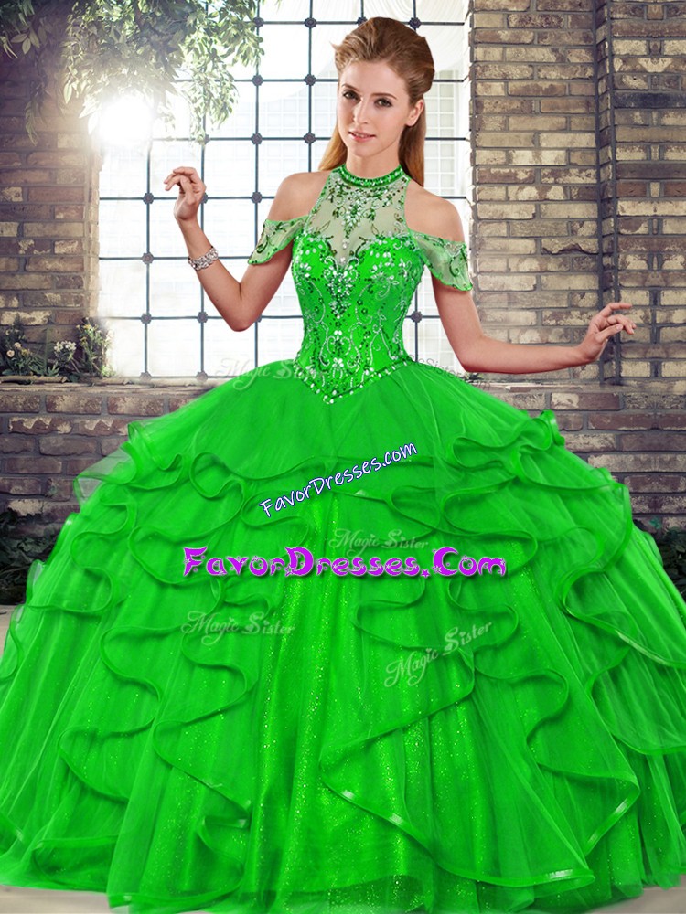 Popular Green Ball Gowns Beading and Ruffles Vestidos de Quinceanera Lace Up Tulle Sleeveless Floor Length
