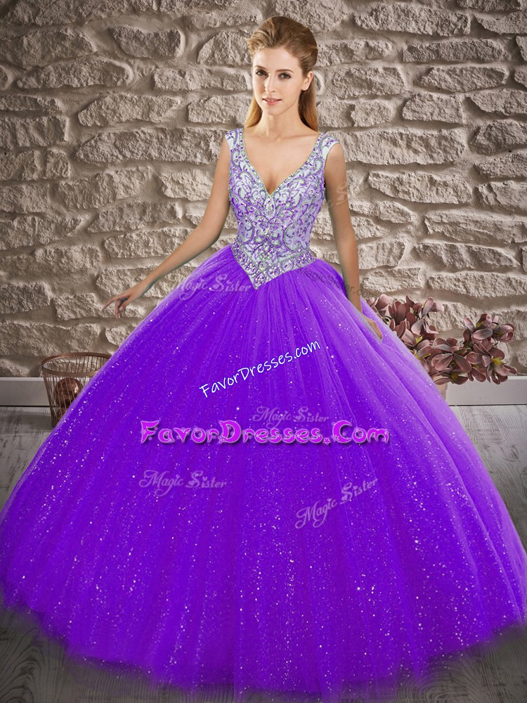  Sleeveless Floor Length Beading Zipper Quinceanera Gowns with Purple