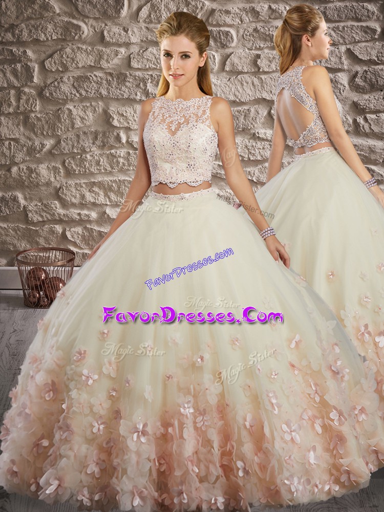 Fashionable Tulle Sleeveless Floor Length Quince Ball Gowns and Lace and Appliques