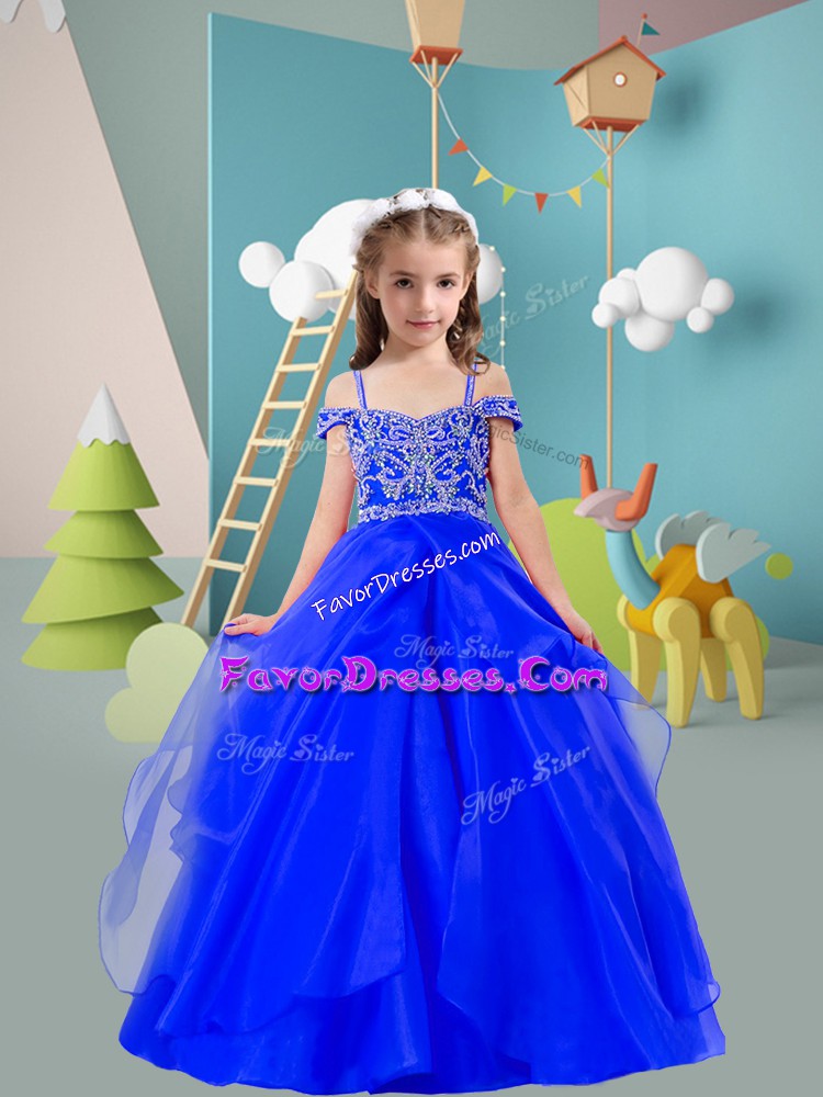 Beauteous Floor Length Blue Custom Made Pageant Dress Off The Shoulder Sleeveless Zipper