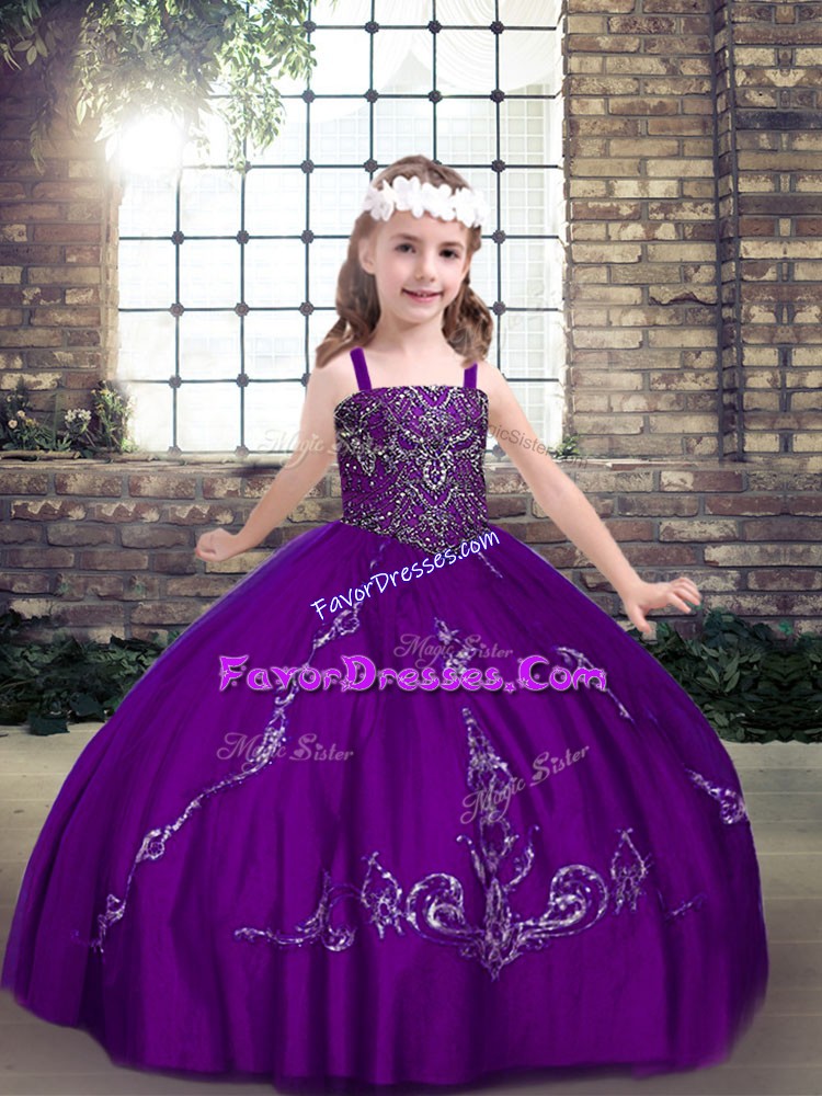  Purple Ball Gowns Tulle Straps Sleeveless Beading Floor Length Lace Up Little Girls Pageant Dress Wholesale