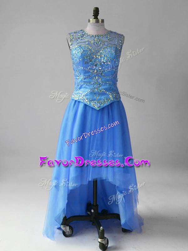 Dramatic Blue Empire Beading Homecoming Party Dress Lace Up Tulle Sleeveless High Low
