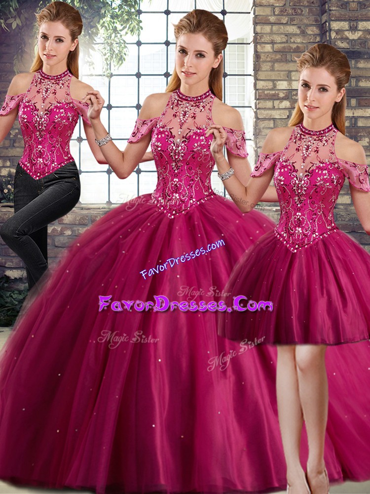 New Style Fuchsia Three Pieces Beading Vestidos de Quinceanera Lace Up Tulle Sleeveless