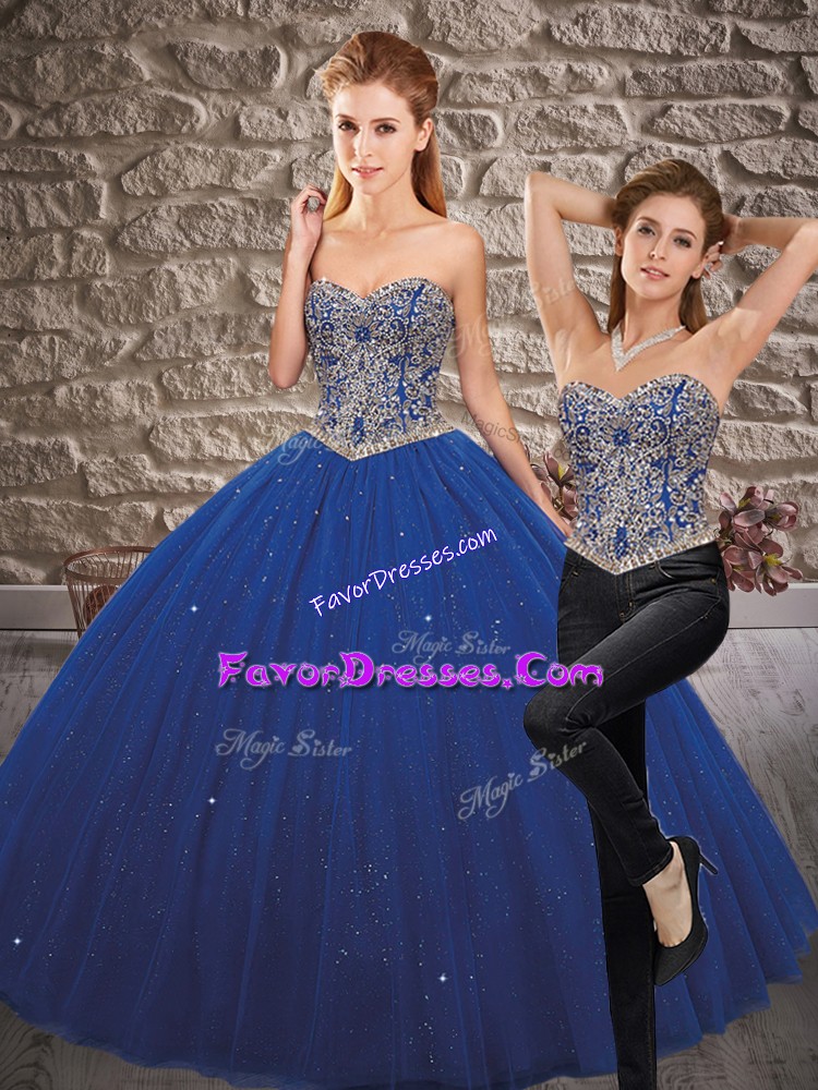  Royal Blue Tulle Lace Up Sweetheart Sleeveless Floor Length 15th Birthday Dress Beading