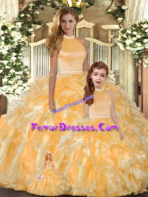  Floor Length Backless Sweet 16 Dress Gold for Sweet 16 and Quinceanera with Beading and Ruffles