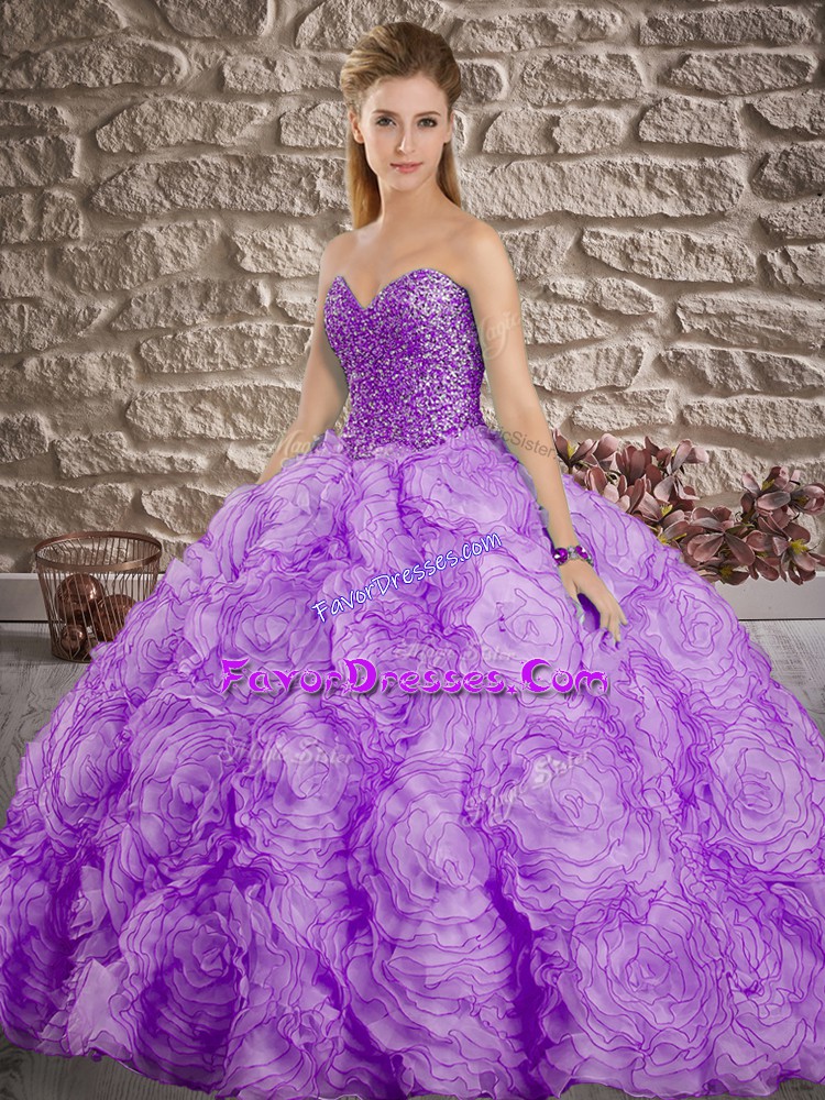  Lace Up Ball Gown Prom Dress Lavender for Military Ball and Sweet 16 and Quinceanera with Beading Brush Train