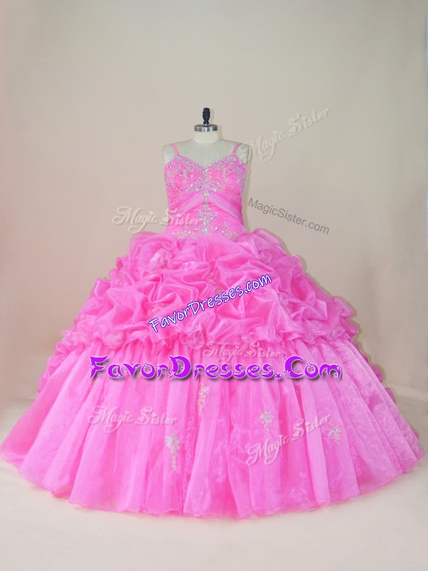  Sleeveless Brush Train Beading and Appliques and Pick Ups Lace Up Ball Gown Prom Dress