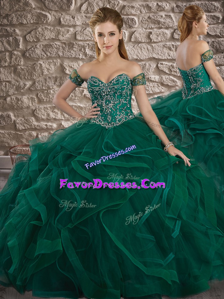 Fine Tulle Sweetheart Sleeveless Sweep Train Lace Up Beading and Ruffles Ball Gown Prom Dress in Green