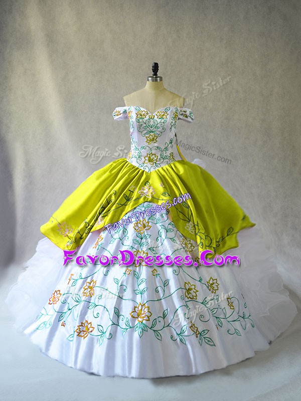  Sleeveless Lace Up Floor Length Embroidery and Ruffles 15th Birthday Dress