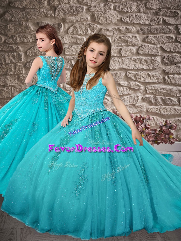 Luxurious Sleeveless Beading and Appliques Zipper Little Girls Pageant Dress Wholesale with Aqua Blue Brush Train