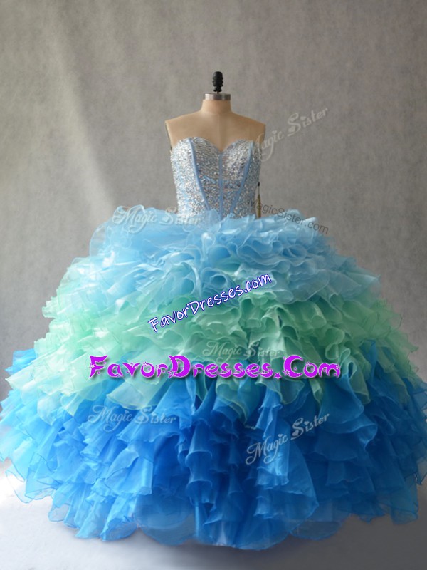 Elegant Multi-color Ball Gowns Beading and Ruffles Quinceanera Gowns Lace Up Organza Sleeveless Floor Length