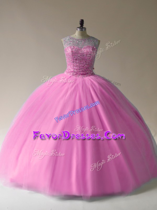 Classical Baby Pink Tulle Lace Up Quinceanera Gown Sleeveless Floor Length Beading