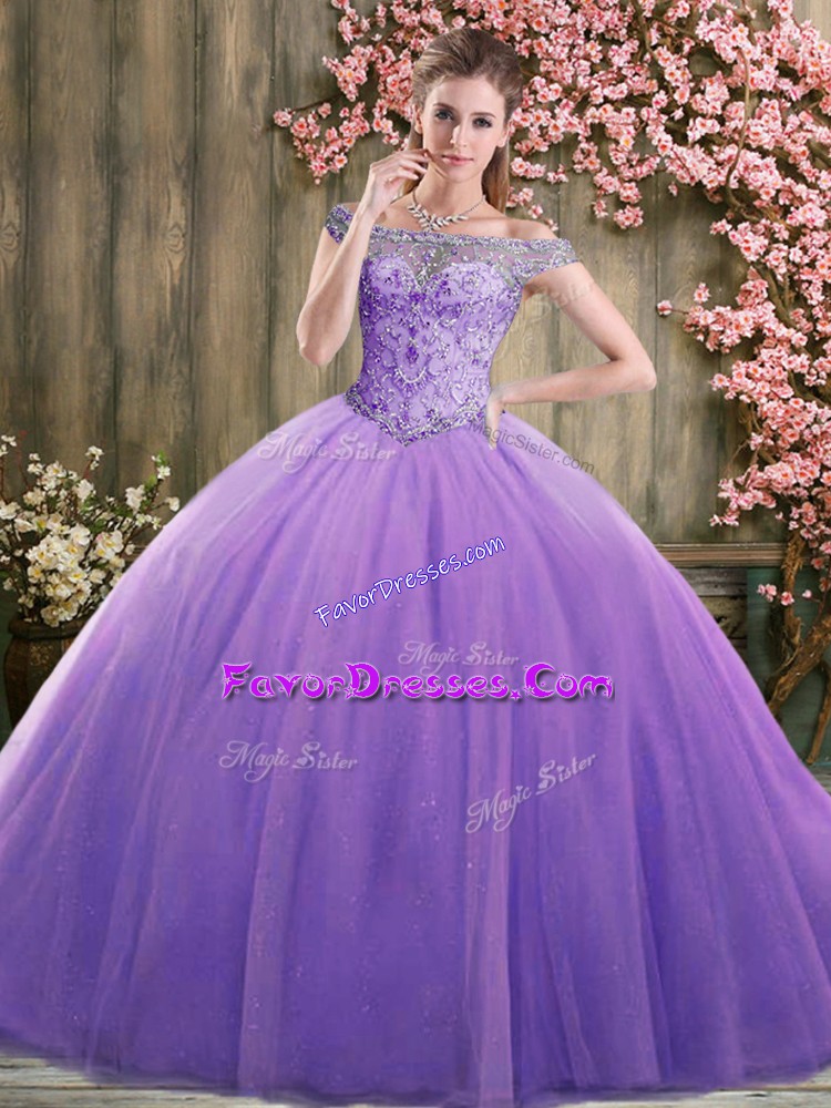  Lavender Off The Shoulder Lace Up Beading Quinceanera Dress Sleeveless
