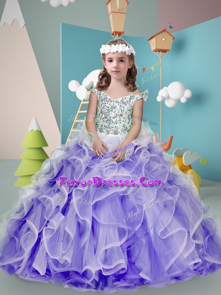 Sleeveless Tulle Floor Length Zipper Girls Pageant Dresses in Lavender with Beading and Ruffles
