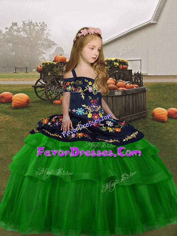 Customized Embroidery and Ruffled Layers Little Girl Pageant Gowns Green Lace Up Sleeveless Floor Length