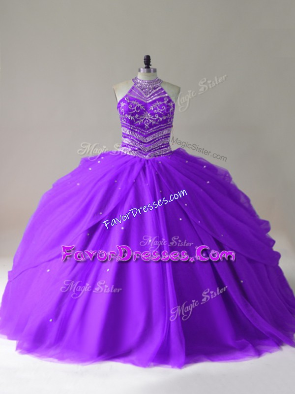  Purple Halter Top Lace Up Beading Quinceanera Gown Sleeveless