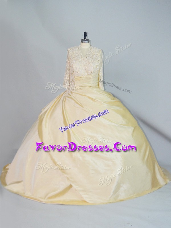 Fashion Yellow Taffeta Lace Up High-neck Long Sleeves Quinceanera Dresses Brush Train Lace
