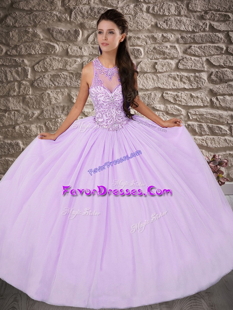  Lavender Lace Up Scoop Beading Sweet 16 Quinceanera Dress Tulle Sleeveless Brush Train