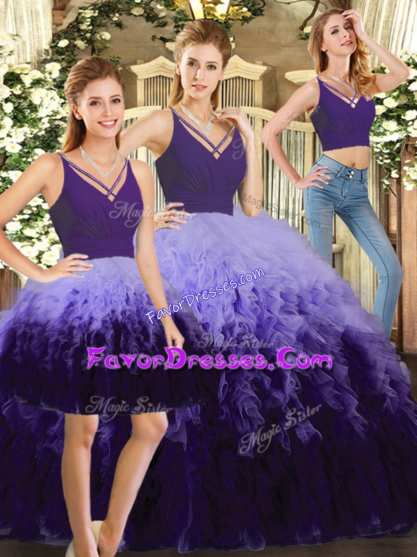 Fashion Multi-color Ball Gowns V-neck Sleeveless Tulle Floor Length Backless Ruffles 15 Quinceanera Dress
