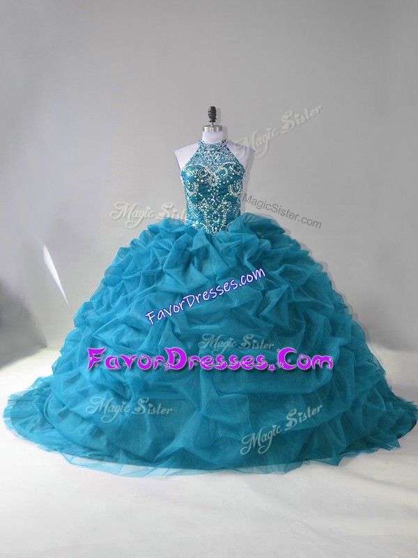  Halter Top Sleeveless Organza 15th Birthday Dress Beading and Pick Ups Lace Up