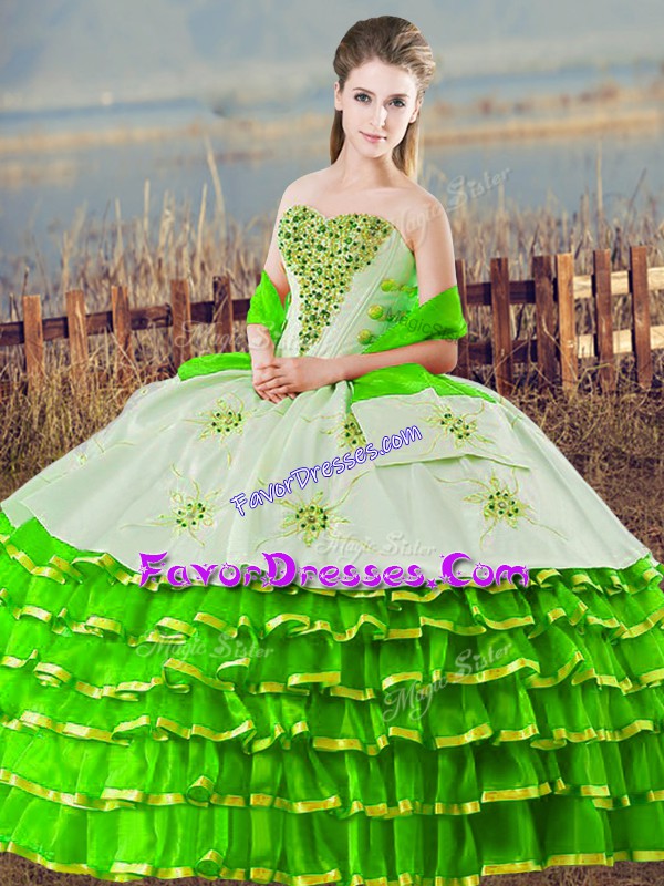 High Quality Green Ball Gowns Organza Sweetheart Sleeveless Beading and Ruffled Layers Floor Length Lace Up Quince Ball Gowns