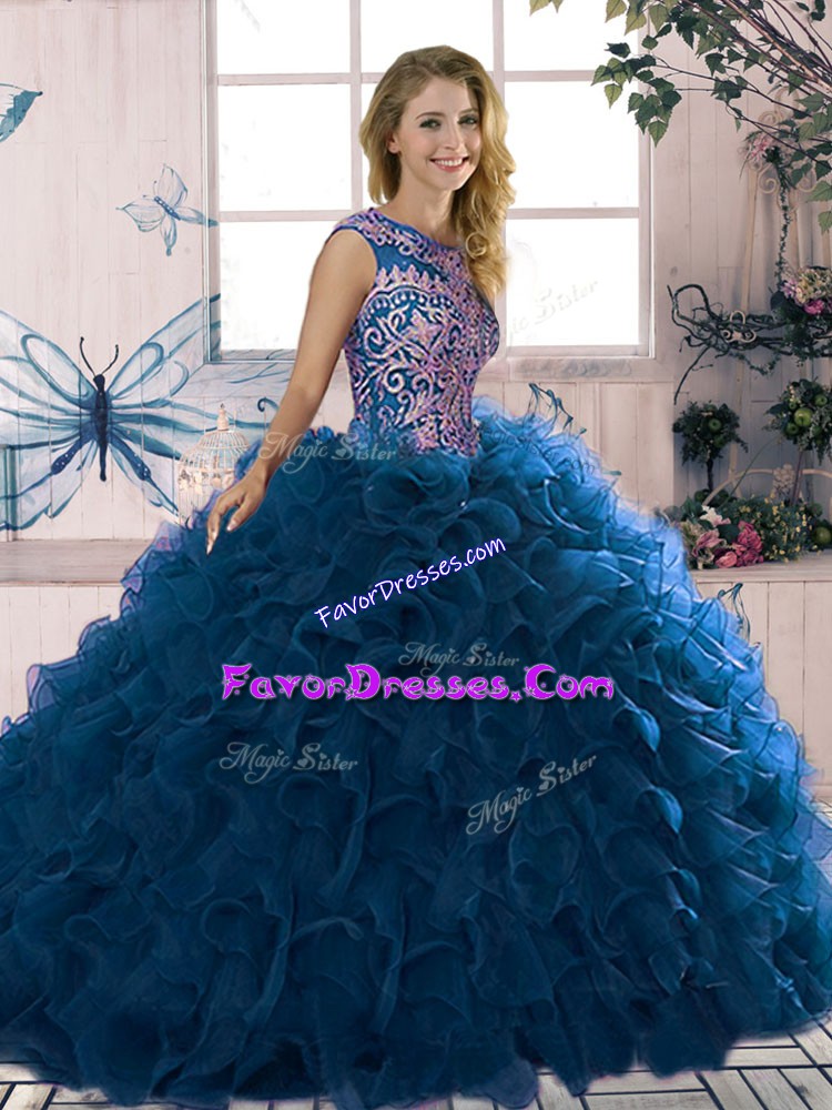  Royal Blue 15 Quinceanera Dress Military Ball and Sweet 16 and Quinceanera with Beading and Ruffles Scoop Sleeveless Lace Up