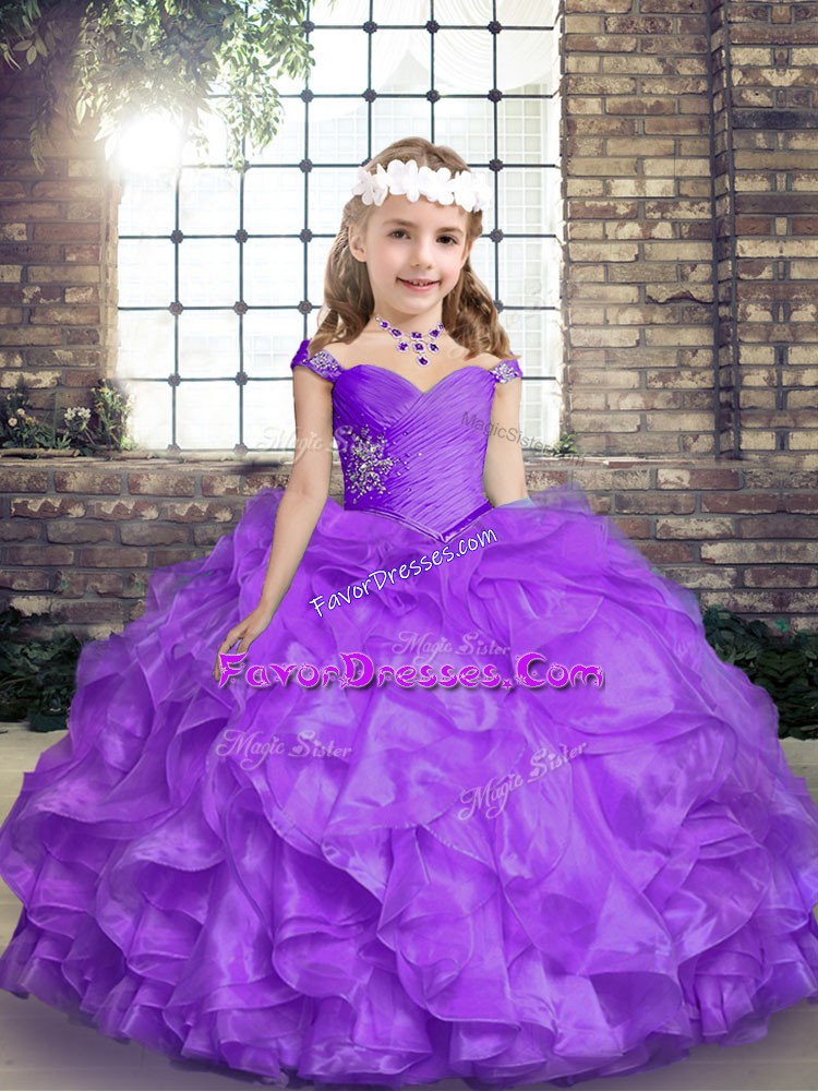  Lavender Sleeveless Floor Length Beading and Ruffles Lace Up Child Pageant Dress